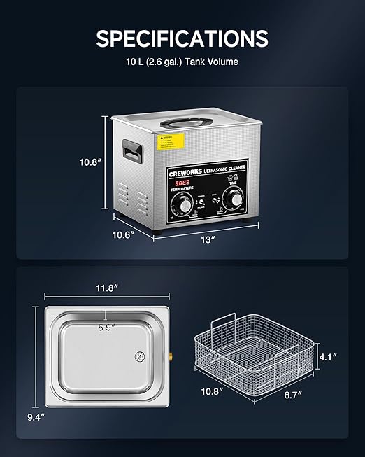 CREWORKS 10L Ultrasonic Cleaner with Heater and Timer, 240W Stainless Steel Ultrasonic Cleaner Machine with Degas & Gentle Modes, Ultrasonic Parts Cleaner with Knob Control for Machine Part Auto Tool