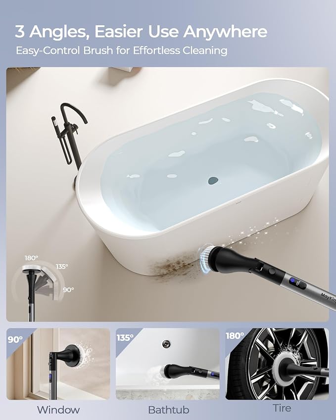 MayKing Electric Spin Scrubber with 9 Brush Heads, 3-Angle & 4-Length Adjustable Cordless Power Scrubber, 3-Speed & Battery LED Display, Electric Scrubber for Cleaning Bathroom Bathtub Floor Tiles