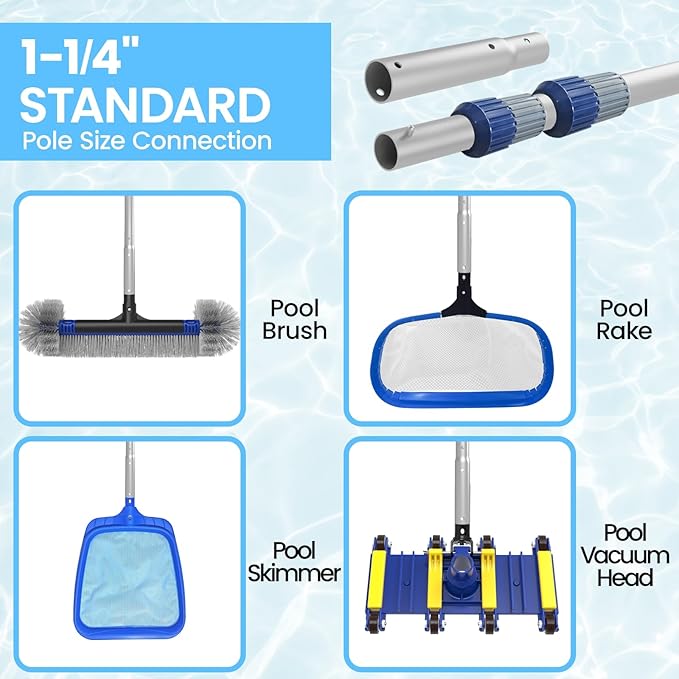 Poolvio 15FT Pool Pole, 3-Piece Telescopic Swimming Pool Cleaning Pole with Universal Threaded Tips, 2-in-1 Design for Skimmer Nets, Vacuum Heads, Brushes & Household Cleaning Tools