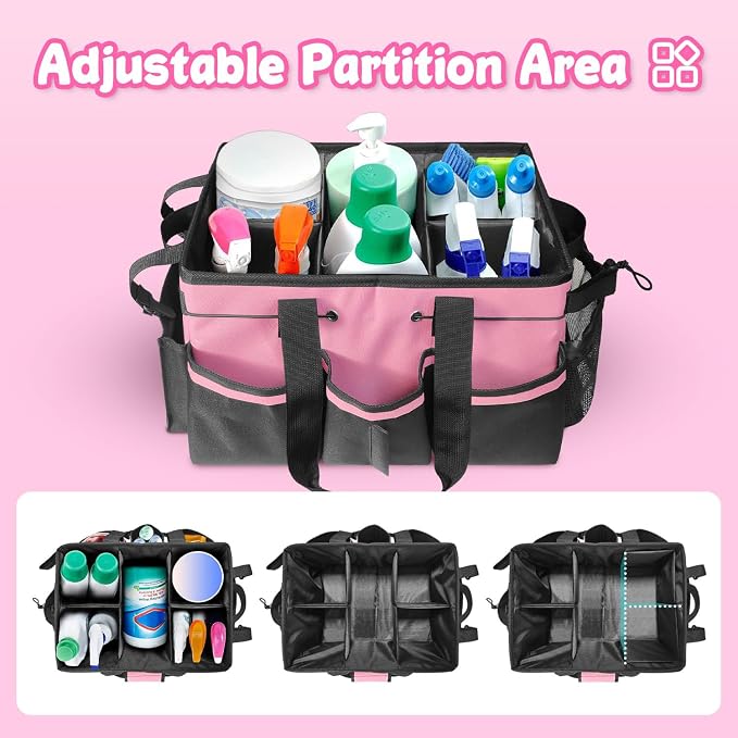 Grekos Large Cleaning Caddy Bags, Cleaning Caddy Suppliers Organizer with 4 Detachable Divider, Supply Caddy With Adjustable Shoulder Strap & Waist Belt For Housekeepers, Home, Car(Pink)