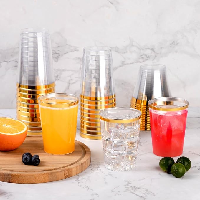 Goodluck 200PCS 14oz Gold Plastic Cups for Party, Disposable Gold Rim Cups, Plastic Cocktail Glasses for Wedding Thanksgiving, Christmas, and Parties