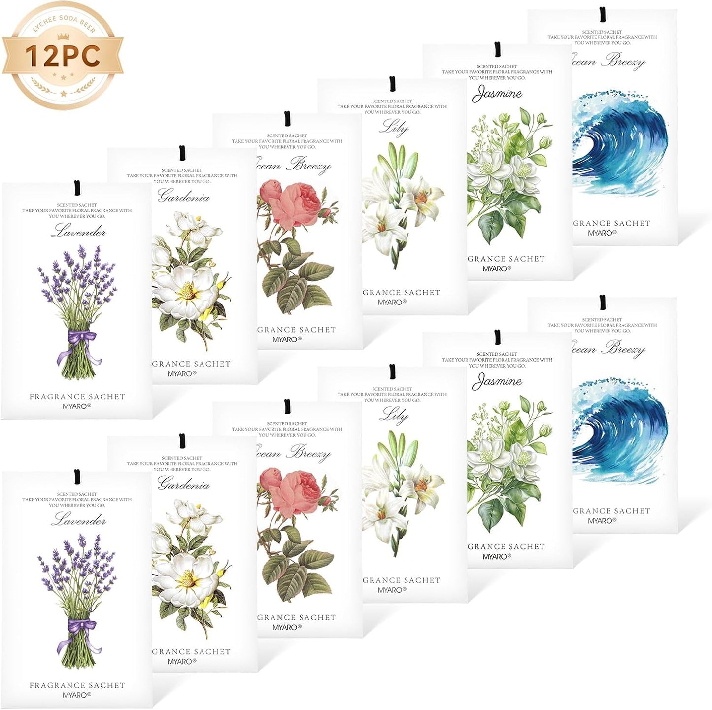 MYARO 12 Packs Scented Sachets for Drawer and Closet, Long-Lasting Sachets Bags Home Fragrance 6 Scents Option- Lavender, Rose, Jasmine, Ocean, Gardenia, Lily