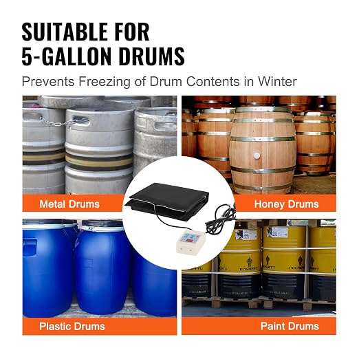 VEVOR Metal Drum Heater, 250 Watt, Pail Heating Band for 5 Gallon Barrel, 0-145℉ Adjustable Thermostat, Waterproof Oxford Fabric High Efficiency Grease Keg Heater,Tested to UL 499 Standard, FCC Listed