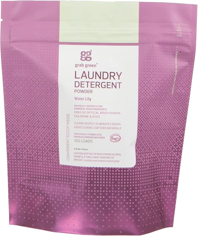 Grab Green 3-in-1 Laundry Detergent Powder, 4 lbs, 100 Loads, Water Lily | Plant & Mineral-Based; Fights stains; Brightens Clothes; Free of phosphates, phthalates, chlorine, toxins, dyes