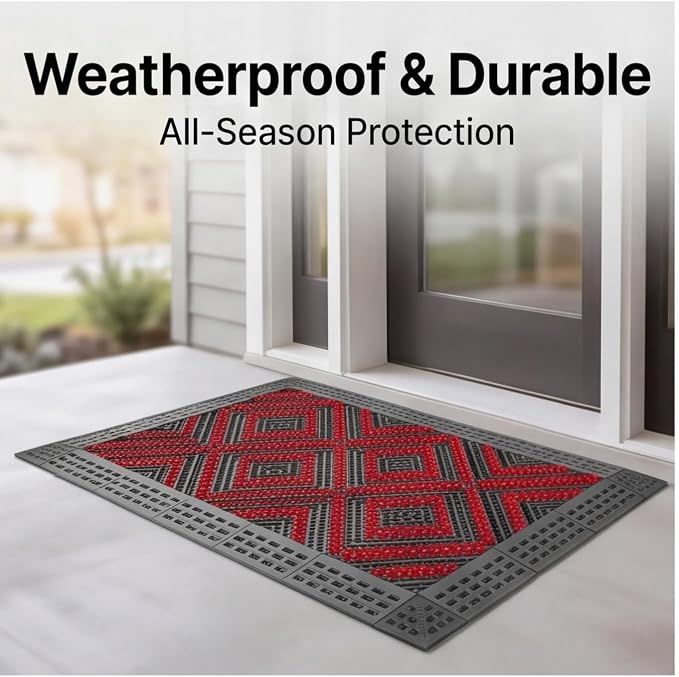 Heavy Duty Outdoor Boot Scraper Mat, 35.5" x 23.5", Black-Red | Mud & Snow Doormat, Stiff Nylon Bristles, Modular Interlocking, For Patio, Garage, Garden, High Traffic