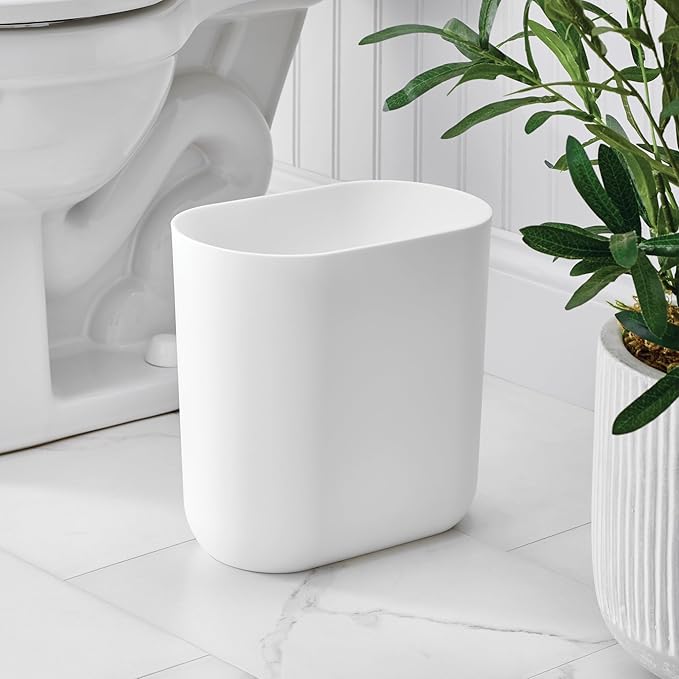 iDesign Small Slim Plastic Bathroom Trash Can, Garbage Can for Bedroom, Office, Desk, Dorm, White