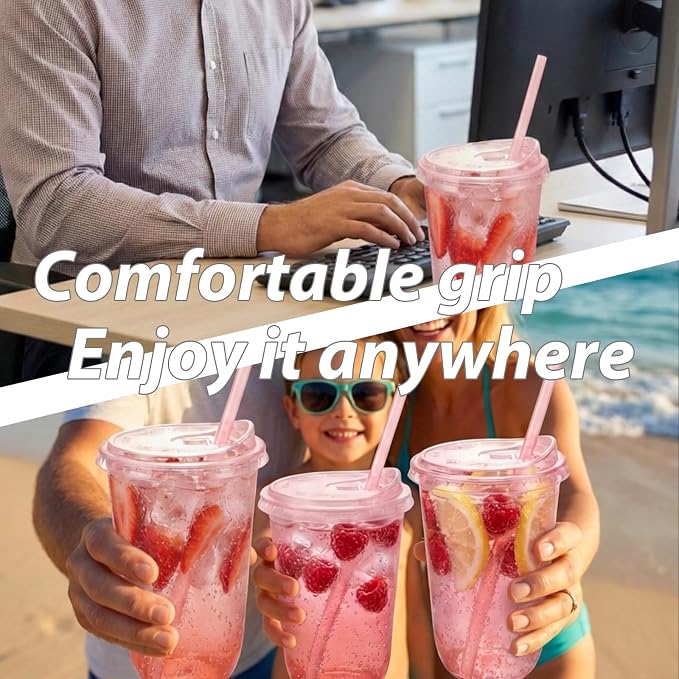 16oz Disposable Stemless Glasses With Strawless Sip Lids and Straws,PET Disposable Drinking Cups,Clear Plastic Wine Glasses for Parties Birthday,Wedding,Meeting,Party Supplies. (100, Pink)