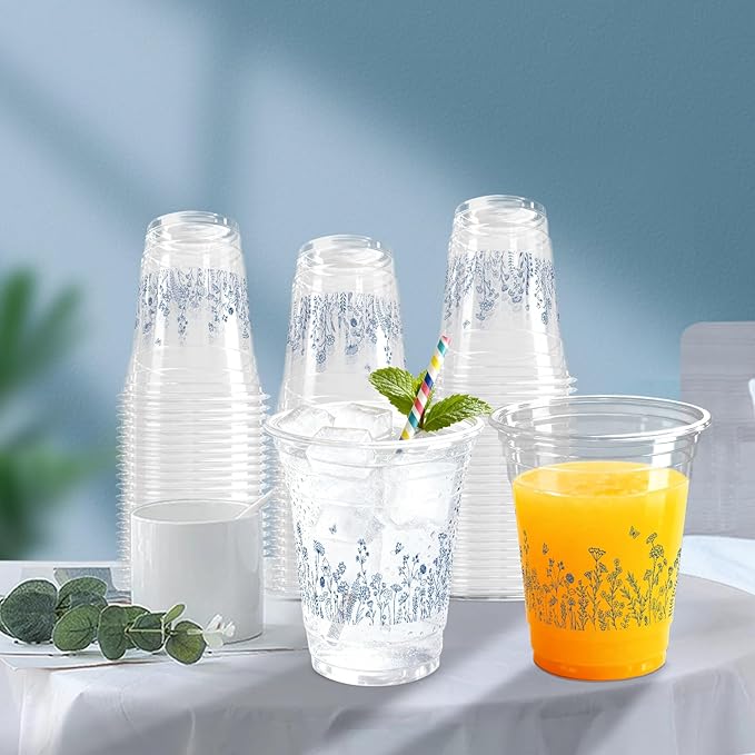 100 Pcs Blue Floral Plastic Cups Chinoiserie Disposable Plastic Cups 12 oz Spring Summer Wildflowers Clear Cups Wedding Birthday Baby Shower Party Supplies
