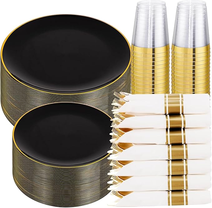 KIRE 350 PCS Plastic Dinnerware Set for 50 Guests - Black and Gold Plates 50 for Dinner 50 for Dessert & 50 Pre Rolled Napkins with Disposable Silverware 50 Cups for Graduation/Wedding/Father's Day