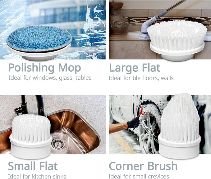 Evaclean Essentials Electric Spin Scrubber - Bathroom Cleaning Brush for Shower, Tub, Home, Up to 400rpm Power, Cordless, 90-Min Runtime, LED Indicator, 7 Brush Heads, 2 Speeds, Ergonomic Long Handle