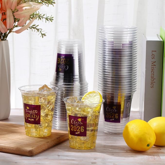 Amyhill 60 Pack 12oz Graduation Cups 2026 Graduation Decorations Disposable Plastic Cups Sturdy&Durable Drinkware for Class of 2026 Decorations Congrats Grad Party Favors Supplies (Gold Purple)