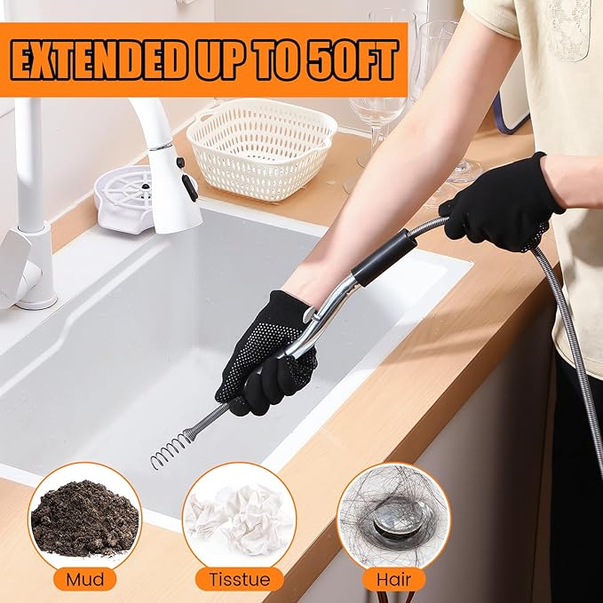 Threlaco 25 ft Drain Auger Plumbing Snake for Heavy Deep Blockages 3/8" Diameter Flexible Plumbing Cables Drain Snake for Kitchen Bathroom Shower Sink Cleaning Drainage Clogs