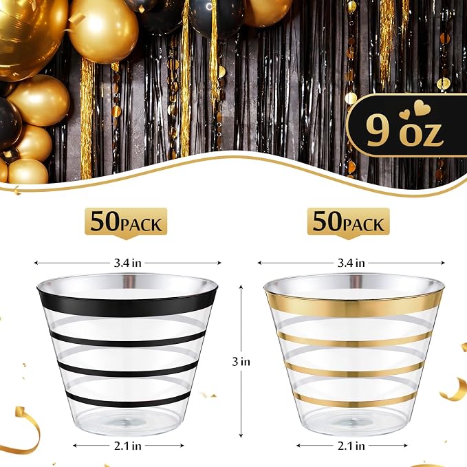 Gejoy 9 oz 100pcs Graduation Rimmed Stripe Plastic Cups Bulk Disposable Wine Hard Plastic Drinking Cocktail Cups Tumblers for Wedding Gathering Party Supplies(Gold, Black)