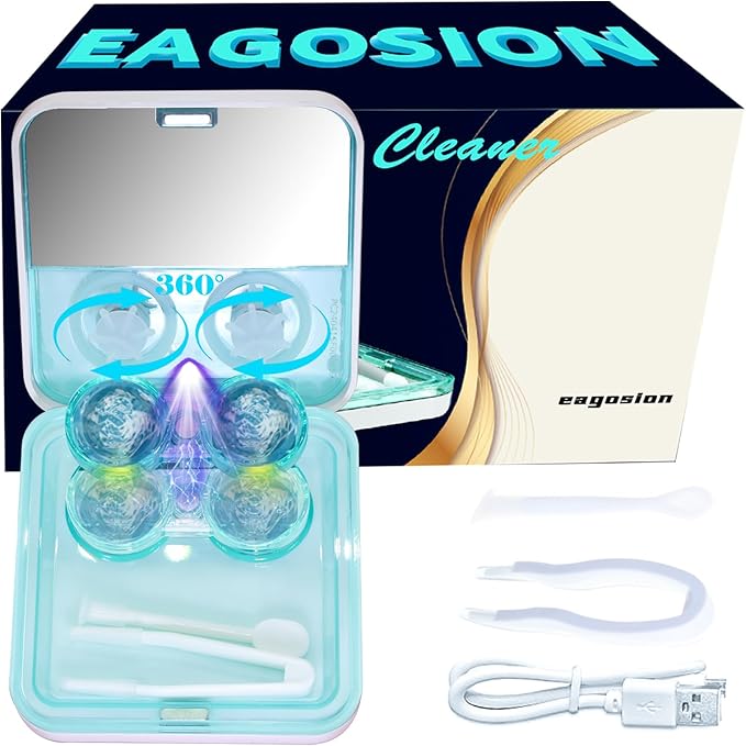 Contact Lens Cleaner Machine EV Plus, UV Cleaning Exclusive Rotating Soft Lens with Breathing LED Light Tweezer Soak Case Kit, Uniquely Designed Swirl-Motion for Long-Term Colored/Soft Lens