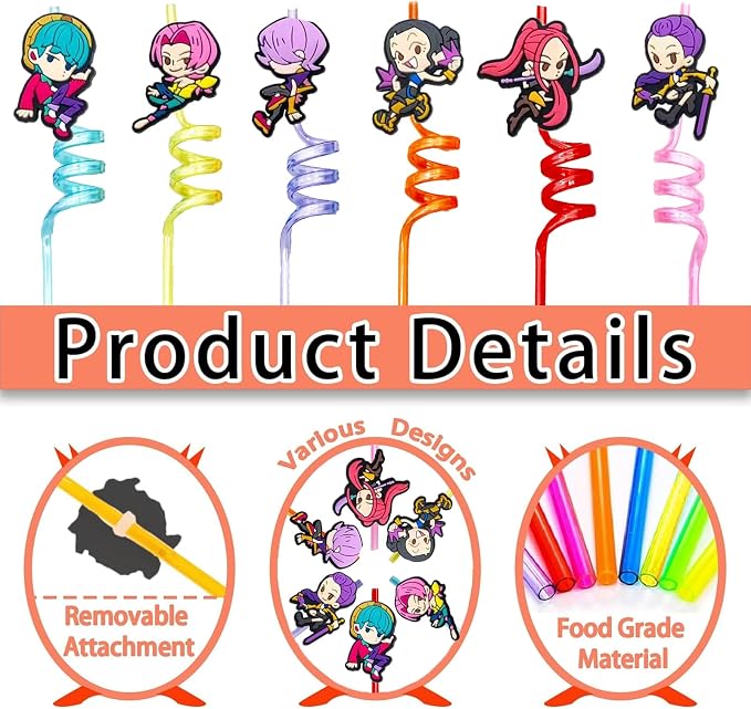 30pcs Demon movie Hunters Straws Hunters Party Supplies Favors With 2pcs Cleaning Brush Plastic Reusable Straws Birthday Party Supplies For Boys Girls