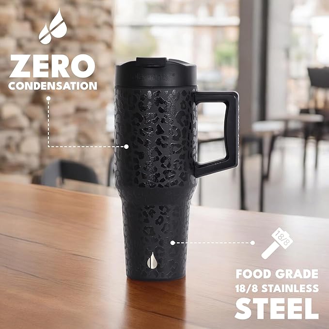 Elemental 32 oz 100% Leak Proof Tumbler with Handle & Straw - Stainless Steel Double Wall Insulated Tumbler for Hot and Cold Beverages - Travel Coffee Mug with Sip & Straw Lid - Black Leopard