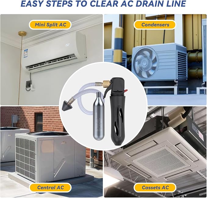 Upgraded Drain Device, AC Drain Line Cleaner Device, AC Drains Line Unclogger Tool, with 6 Unthreaded CO2 Cartridges, with a Flexible Hose to Clear All HVAC Clogs,16 Gram Unthreaded CO2,Black