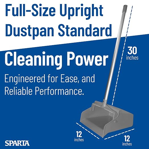 SPARTA Color Coded Upright Dustpan with 30 Inch Aluminum Handle, Serrated Edge and Locking Yoke, Standing Commercial Floor Dust Pan, Gray