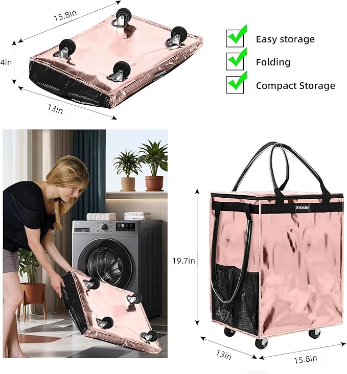 (Medium, Rose Gold) Reusable Grocery Bag on 4 Wheels, 70L Foldable Rolling Tote, Shopping Trolley, Rolling Bag with 3 Handles, Rolling Tote Bag with Wheels for Shopping, Market, Laundry,Moving