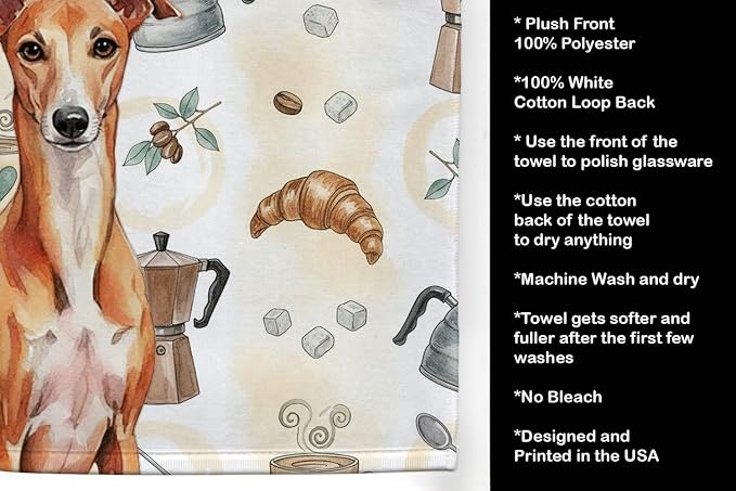 Caroline's Treasures Red Whippet Coffee Bar Kitchen Towel Velour Plush Front and Cotton Loop Back Machine Washable