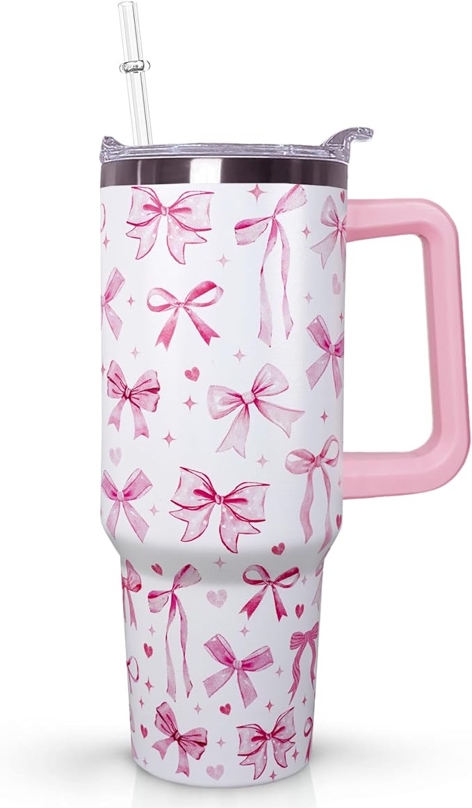 Ceovfoi 40 Oz Pink Bow Tumbler With Handle, Pink Bow Decor Coffee Travel Mug Cup Water Bottle, Gifts for Women Girls