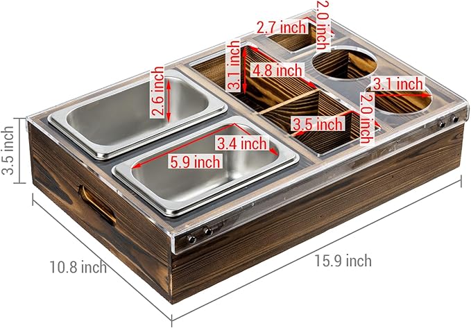 MyGift Couch Caddy Rustic Burnt Solid Wood and Premium Clear Acrylic TV Snack Tray with 2 Stainless Steel Snack Bowls, Dual Cutout Anti-Spill Drink Holders, Remote Control and Cell Phone Slots