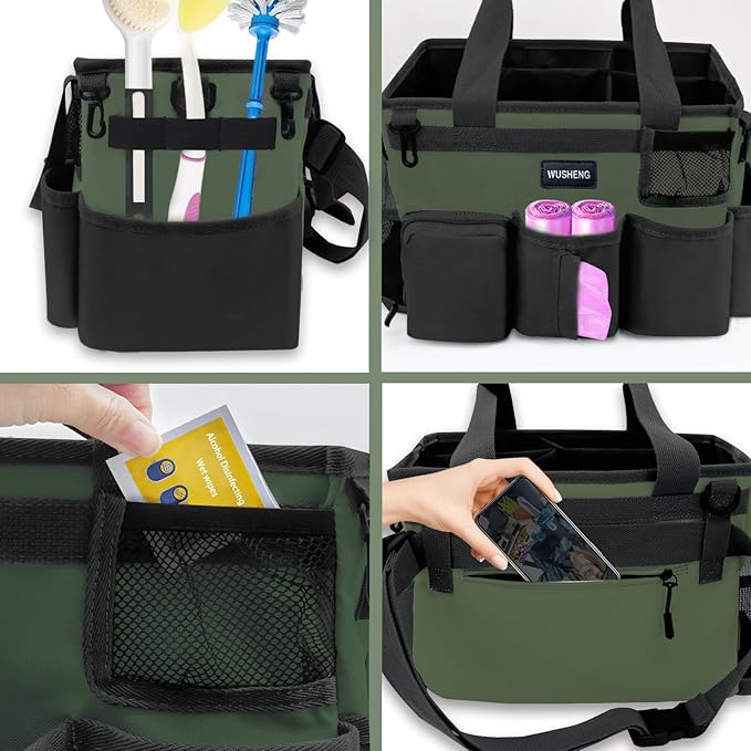 Wearable Cleaning Caddy Bag,Cleaning Supply Tote for Cleaning Supplies, Cleaning Organizer with Adjustable Shoulder and Waist Straps for Cleaners & Housekeepers (Green and Black, Large)