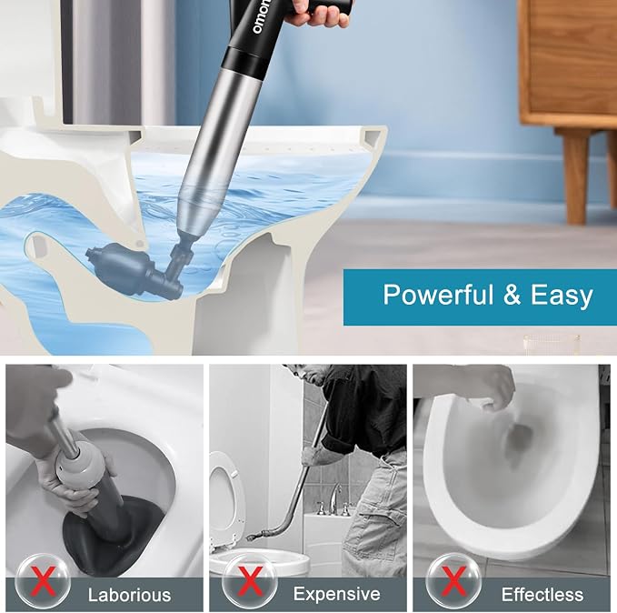 Toilet Plunger Drain Clog Remover: High Pressure Air Drainage Blaster Gun Clog Remover Tool with Gloves- Stainless Steel Black Air Plunger for Bathroom, Sink, Floor, Kitchen Clogged