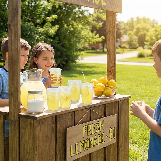 100 Set Lemonade Stand Supplies with Leak-proof 32oz Plastic Cups & Lids, Straws, Straw Hole Puncher - for Outdoor Drink Stall, Summer Party & Fast Food Business, Concession Business