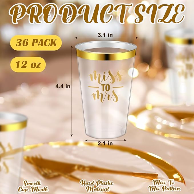 Funnymoom 36 Pcs Wedding Miss to Mrs Cups 12 oz Gold Plastic Cups Disposable Bridal Shower Drinking Tumblers Clear Wine Glasses Tumblers for Engagement Bachelorette Supplies Party Favors(Gold)