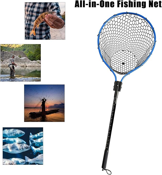 Large Fishing Net with Handle High Strength Landing Net Long Telescoping Rubber Fish Net Extendable Dip Net for Fishing Ideal for River Angling Pier Boat