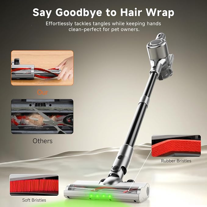 Cordless Stick Vacuum Cleaner - Rechargeable,40Kpa Powerful Suction Vacuum for Home,45Mins Runtime,Detachable Battery,Anti-Tangle, 8 in 1 Lightweight Vacuum for Pet Hair Carpet Hardwood,Silver