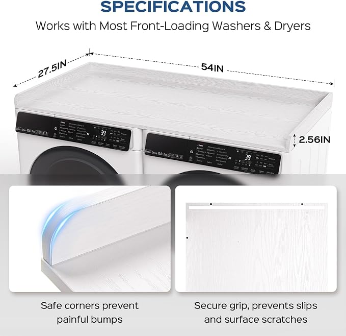 Fivesun Washer Dryer Countertop, 27.5" x 54“ Wood Washer and Dryer Countertop with Edge Rails for Laundry Room Organization and Storage, White