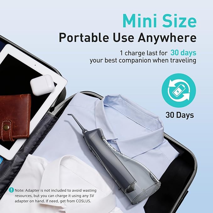COSLUS Water Dental Flosser Teeth Pick C20: Portable Cordless Oral Irrigator 300ML Rechargeable Travel Irrigation Cleaner IPX7 Waterproof Electric Flossing Machine for Teeth Cleaning, Grey