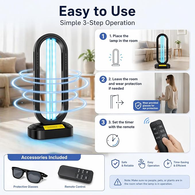 Feefir UV Light Sanitizer,UVC Home Disinfection Device,Portable UV Lamp | 4-Speed Timing and Remote Control ,Ultraviolet Light Sanitizer Effectively Mold Remover and Dust Mites,for Whole Room,Black