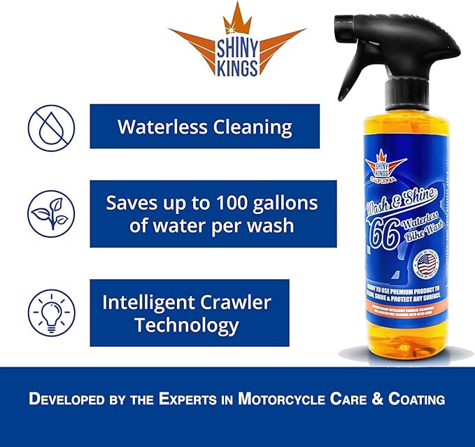 Shinykings Motorcycle Cleaner Wash&Shine 66 | WATERLESS BIke Wash with Ultra Shine Finish | Powerful Motorcycle Detailing Spray for All Surfaces | Bike Cleaner California | 16fl.oz