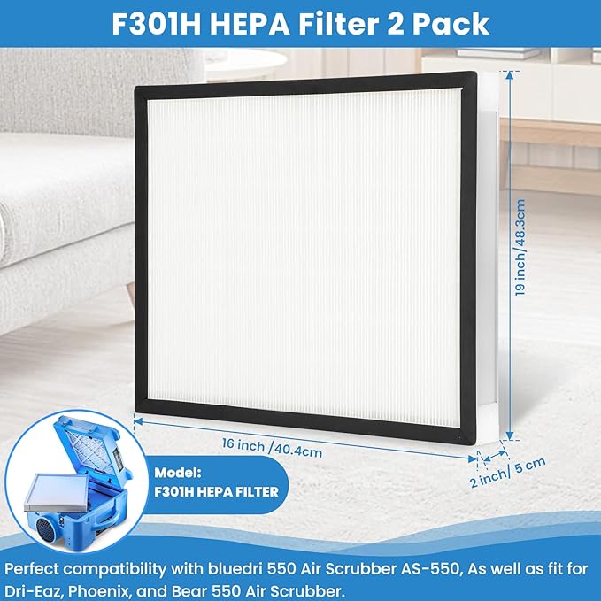 2 Pack AS-550 F301H HEPA Filter Compatibile with BlueDri 550 Stage 2 Air Filter,16" x 19" x 2" F301H HEPA 550 Filter Replacement Filter for Bluedri,VEVOR and Dri-Eaz