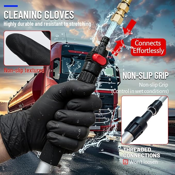 Car Wash Brush (65 in) - Heavy Duty Truck Wash Kit with 4 Heads (Tire Scrubber & 2 Stiff Brushes) - Flow-Thru Wand Compatible with SUV, Off-Road Vehicles & Wheels (Red)