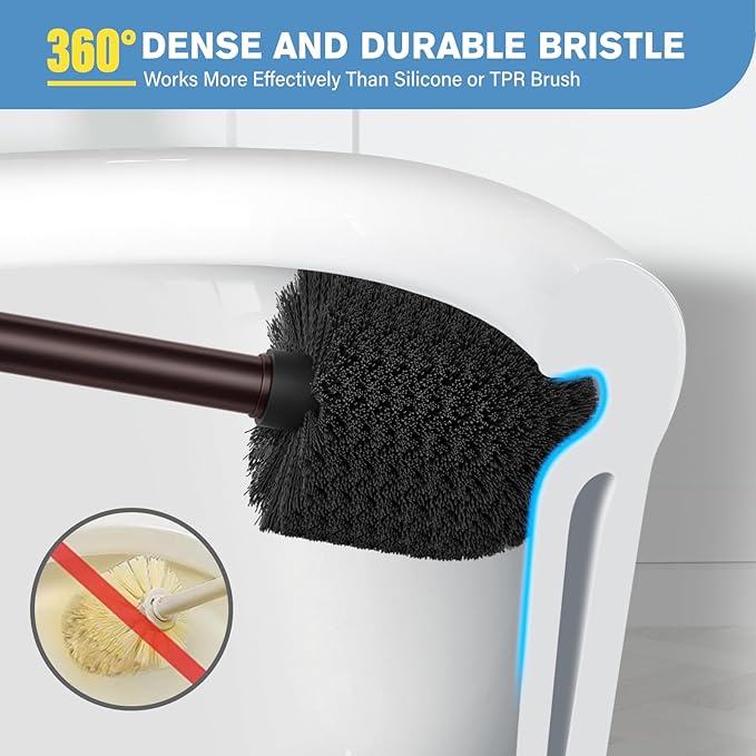 Toilet Brush, Aluminum Alloy Toilet Brush and Holder Set with Long Handle Durable Bristles Toilet Bowl Brush and Covered Holder for Toilet Scrubber for Bathroom Cleaning (2Pcs Dark Brown)