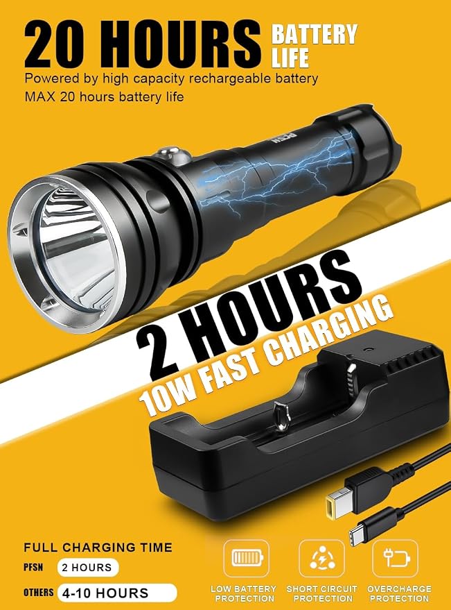 PFSN 3000 Lumens Dive Light with Lockable Switch, 150m Underwater Waterproof, 20H Runtime, 400m Long Narrow Beam, Rechargeable Professional Scuba Diving Flashlight for Night Diving, Caving, Snorkeling