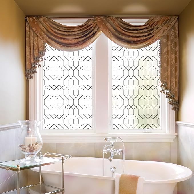 DKTIE Window Privacy Film Stained Glass Frosted Glass Window Clings Moroccan Lattice Decorative Bathroom Door Coverings UV Sun Blocking Heat Control (S593, 29.5in X 78.7in)