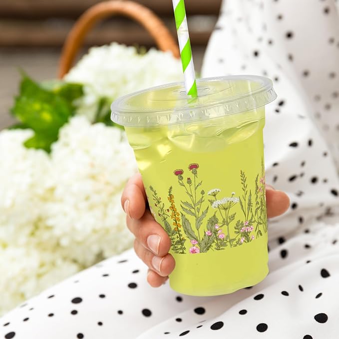 JarThenaAMCS 50Pcs Wildflower Plastic Cups 12 Oz Spring Summer Vintage Floral Cold Beverage Drinking Cups with Lids and Straws Disposable Stackable Party Cup for Baby Shower Birthday