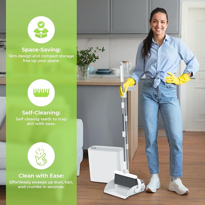 DustDockPro: Self-Emptying Broom and Dustpan Set with Built-in Trash Can – Hands-Free No-Bend Disposal, Upright Sweeper with Comb Teeth for Pet Hair, Long Adjustable Handle, Floors, Tile & Kitchen