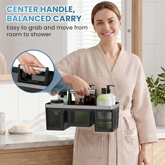 BYUNER Plastic Shower Caddy Dorm: Portable Cleaning & Shower Caddy with Handle, 4 Divided Compartments, All-Side Drainage, Rigid Plastic Basket Tote for College Dorm & Bathroom Use