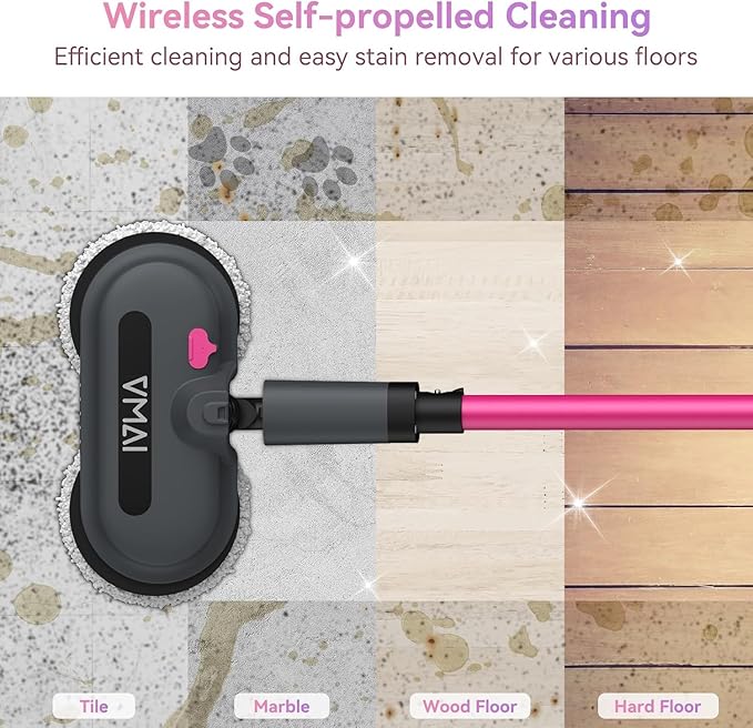 VMAI Cordless Electric Mop for Floor Cleaning, Self-Propelled Spin Mop with LED Headlight & Water Spray, Up to 60 Mins Detachable Battery, 300ML Tank for Hardwood Tile Laminate Marble Floor