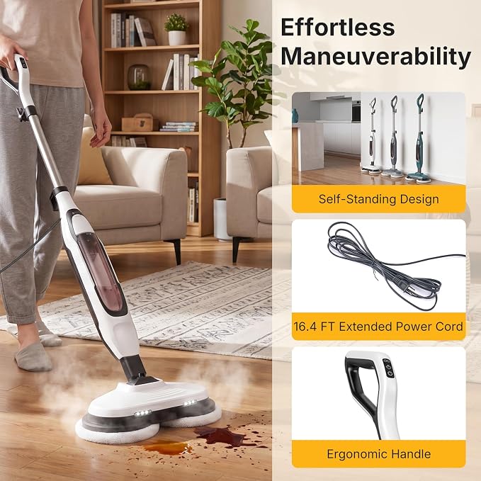 NEWBULIG Steam Mop, All-in-One Steam Mops for Floor Cleaning with Rapid Re-heat, Self-Standing Floor Steamer, 4 Rotating Scrub Pads, 2 LED Headlights, for Hardwood Floors & Tile