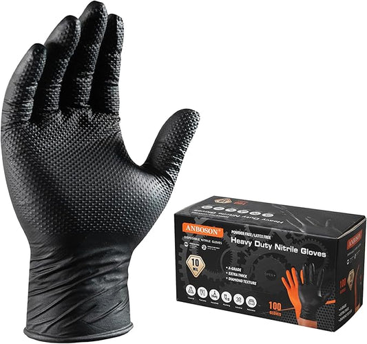 ANBOSON Black 10 Mil Nitrile Gloves, Diamond Textured Grip, Extra Thick Heavy Duty Disposable, Latex-Free, Tear & Chemical Resistant, Multipurpose Gloves for Kitchen, Cleaning, Medium
