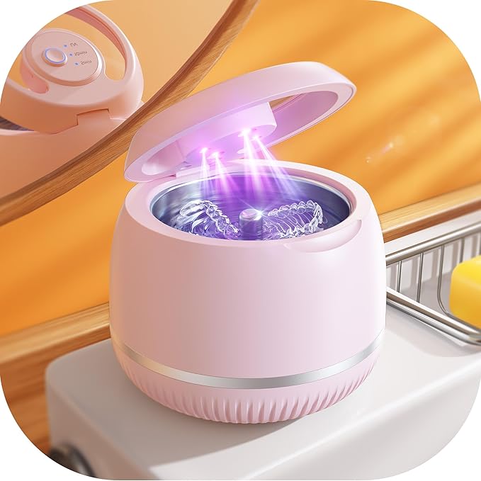 Beser Ultrasonic Retainer Cleaner, 2X Clean, 4X Sterilize, Dental Retainer Cleaner Machine Pod for Aligner, Nightguard, Mouth Guard, Denture Cleaner, Oral Dental Care, IPX6, 200ML, Pink