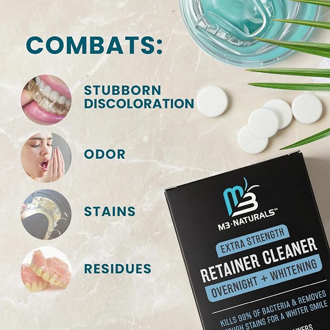 Overnight + Whitening Retainer Cleaner, Remove Stains, Discoloration, and Plaque | 4 Month Supply | Denture Cleanser with Whitening Boost,120 Tablets by M3 Naturals (Pack of 2)