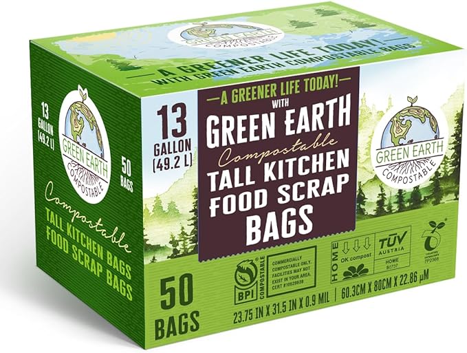 Green Earth Compostable Tall Kitchen Food Scrap Trash Bags, Compost Bin Compatible, 13 Gallon, 49 Liter, 200-Count, Superior Strength 0.9 Mil, ASTM D6400, BPI (US) & OK Compost Home (EU) Certified